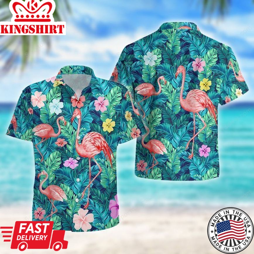 Flamingo Green Tropical Trendy Hawaiian Shirt, Summer Gift, Trendy Hawaiian Shirts For Men, Aloha Beach Shirt