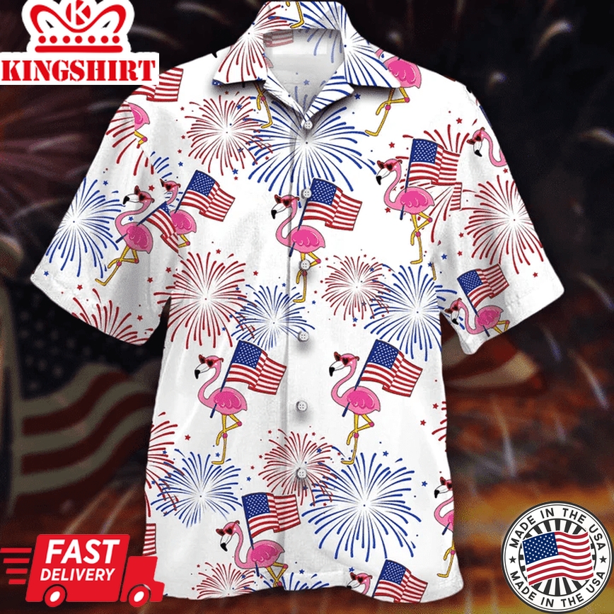 Flamingo Hawaii Shirt, 4Th Of July Shirt, Flamingo And Flag Red And Blue Firework Trendy Hawaiian Shirt