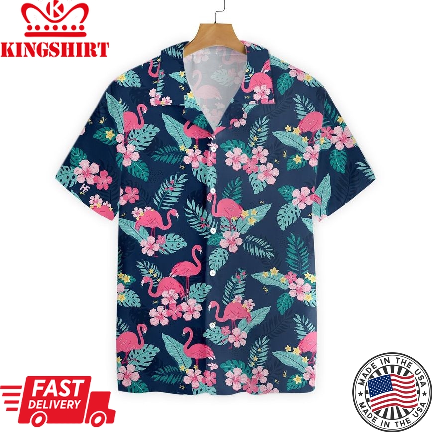 Flamingo Hawaii Shirt Dark Blue Tropical Hibiscus Hawaiian Shirt Flamingo Aloha Shirt