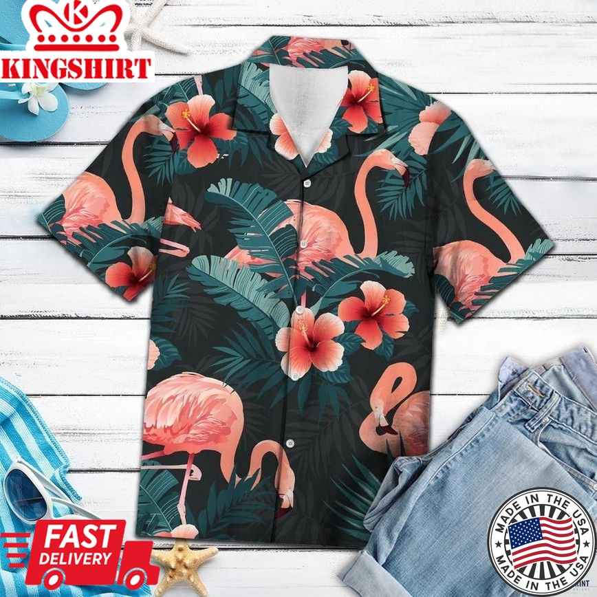 Flamingo Hawaii Shirt Orange Flamingo Dark Green Tropical Trendy Hawaiian Shirt Flamingo Aloha Shirt