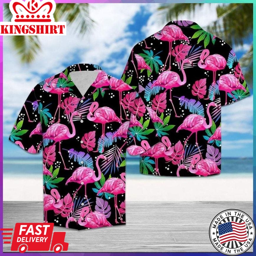 Flamingo Leaf Summer Trendy Hawaiian Shirt, Unisex Print Aloha Short Sleeve Casual Shirt Summer Gifts