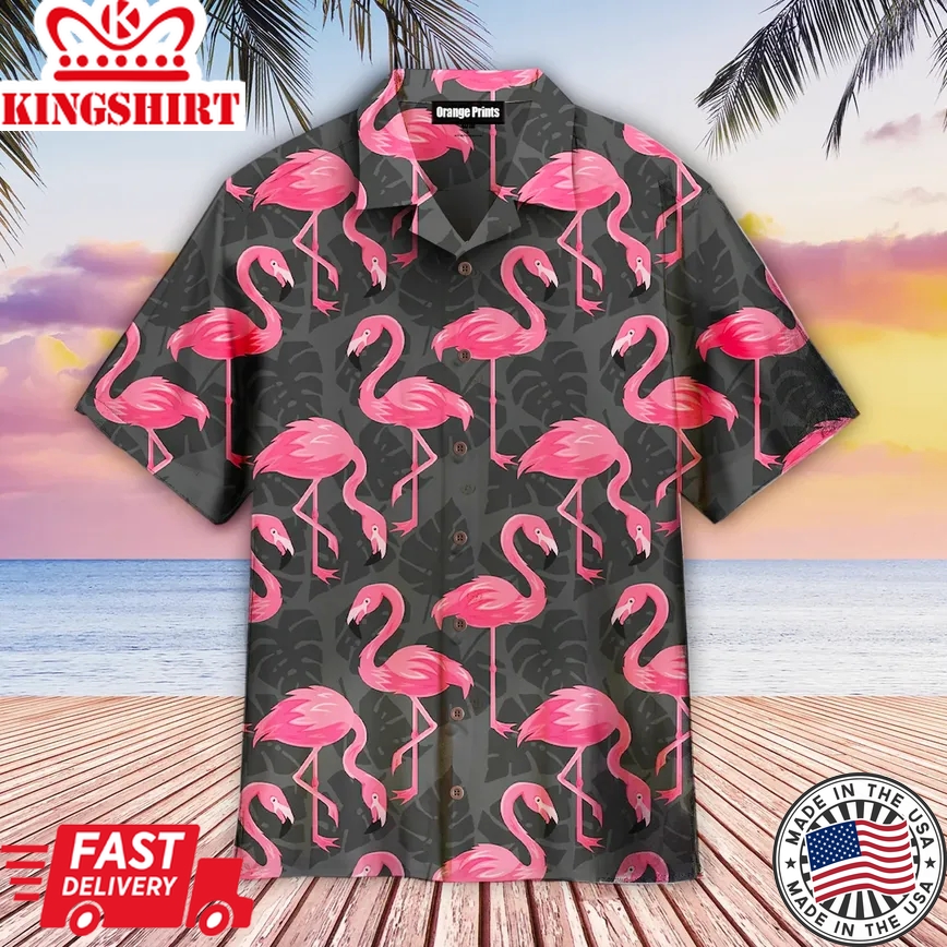 Flamingo On Dark Monstera Leaves Trendy Hawaiian Shirt