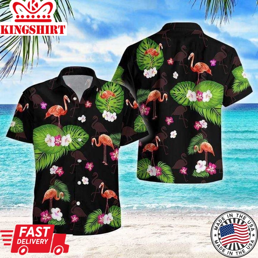 Flamingo Palm Black Tropical Trendy Hawaiian Shirt