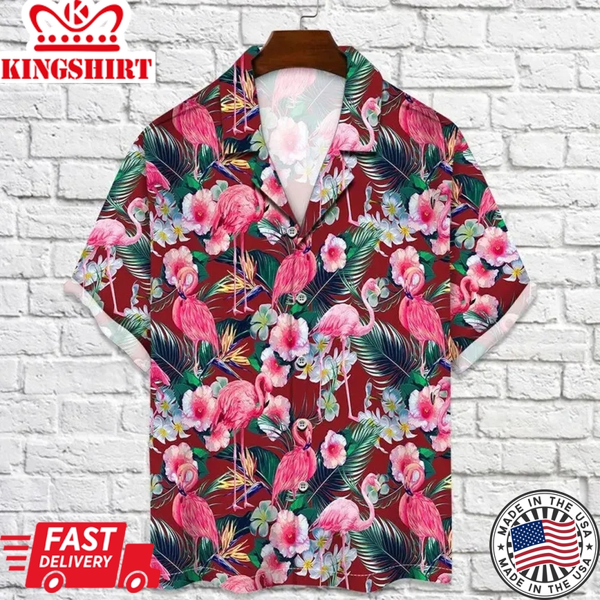 Flamingo Rain Forest Jungle Red Palm Leaves Pattern Trendy Hawaiian Shirt