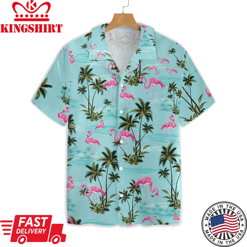 Flamingo Trendy Hawaiian Shirt Blue Flamingo Palm Tree Hawaii Shirt Flamingo Aloha Shirt