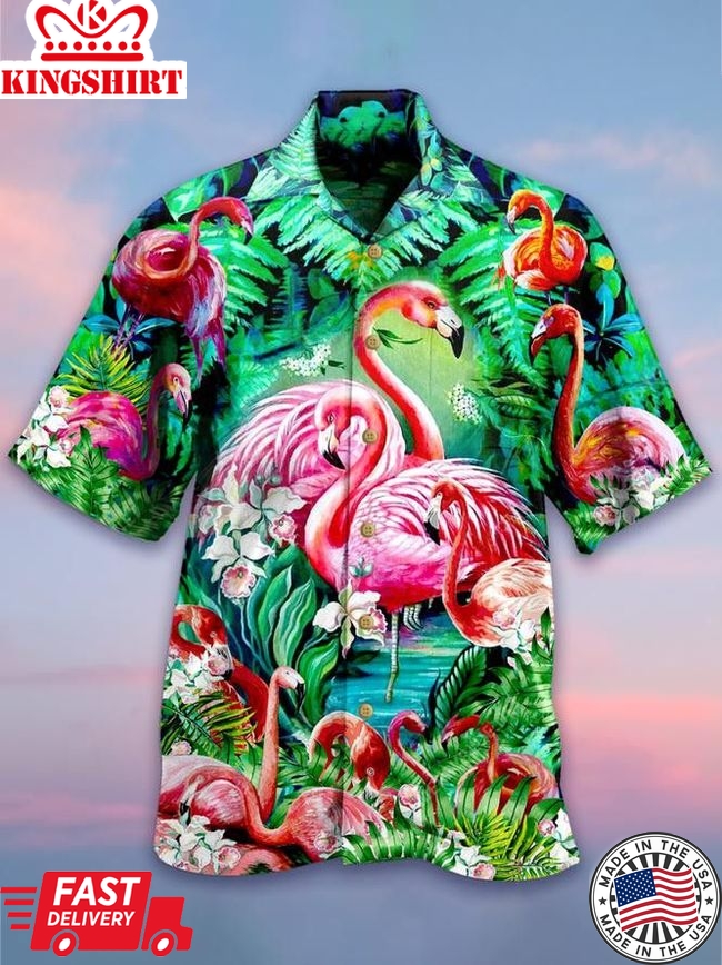 Flamingo Trendy Hawaiian Shirt, Flamingo Short Sleeve Hawaiian Aloha Shirt, Flamingo Trendy Hawaiian Shirt For Men, Women