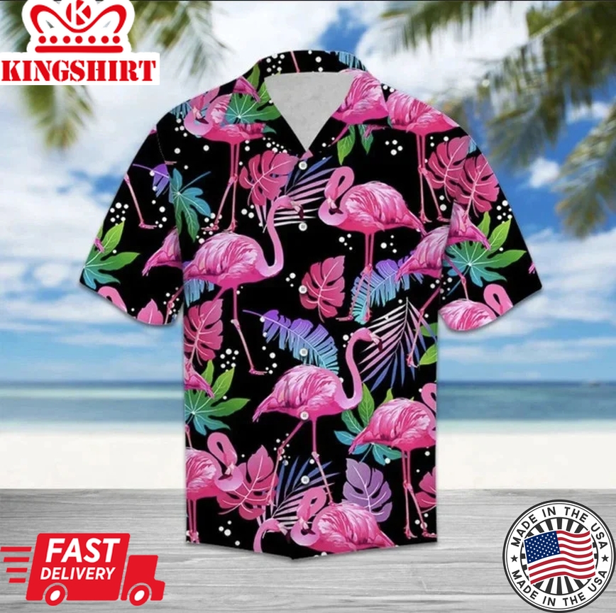 Flamingo Trendy Hawaiian Shirts For Men, Pink Palm And Flamingo Ornamental Trendy Hawaiian Shirt