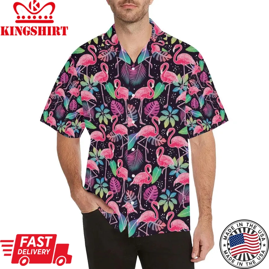 Flamingo Tropical Leaves Neon Print Trendy Hawaiian Shirt, Unisex Print Aloha Short Sleeve Casual Shirt Summer Gifts