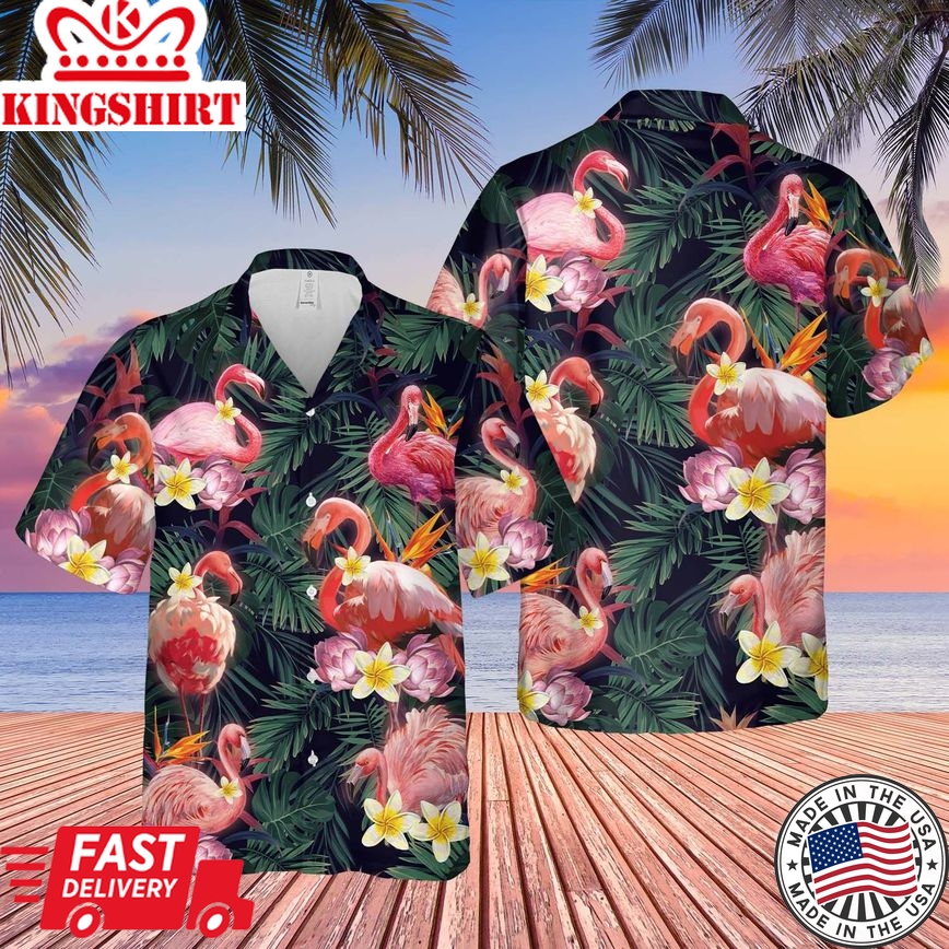 Flamingo Tropical Palm Leaves And Flowers Trendy Hawaiian Shirt, Unisex Print Aloha Short Sleeve Casual Shirt Summer Gifts