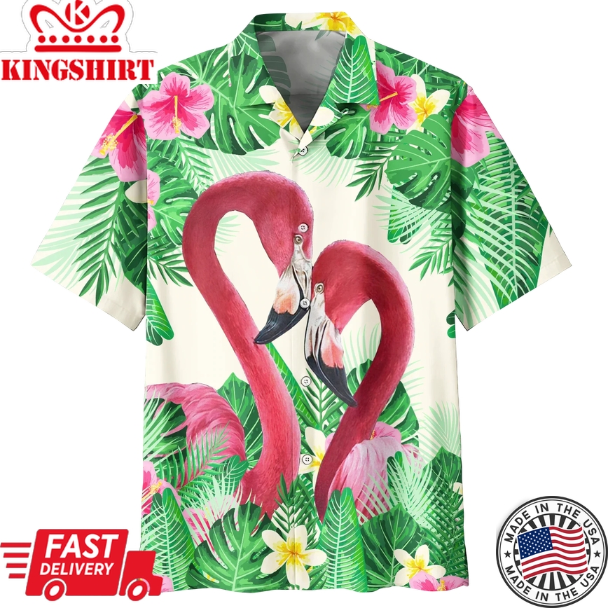 Flamingo Tropical Trendy Hawaiian Shirt, Flowers Flamingo Aloha Shirt, Men's Trendy Hawaiian Shirt