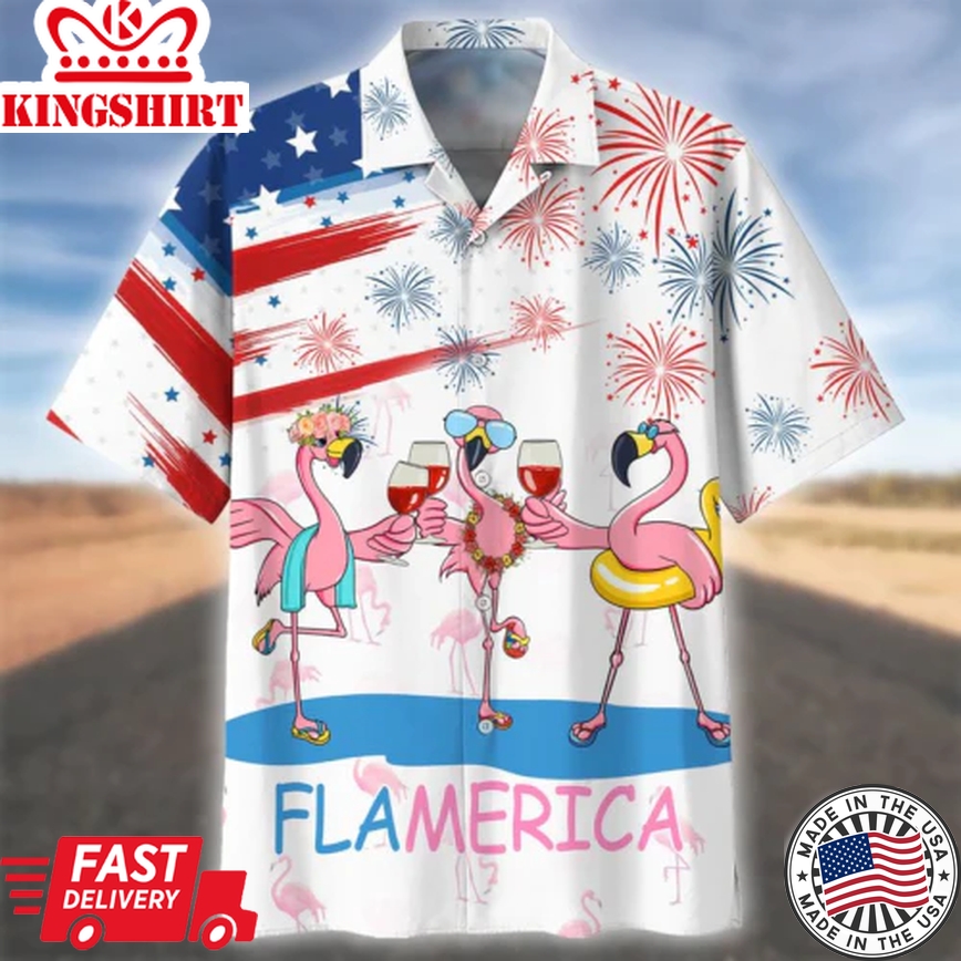 Flamingo Wine Flamerica 4Th Of July Independence Day Trendy Hawaiian Shirt