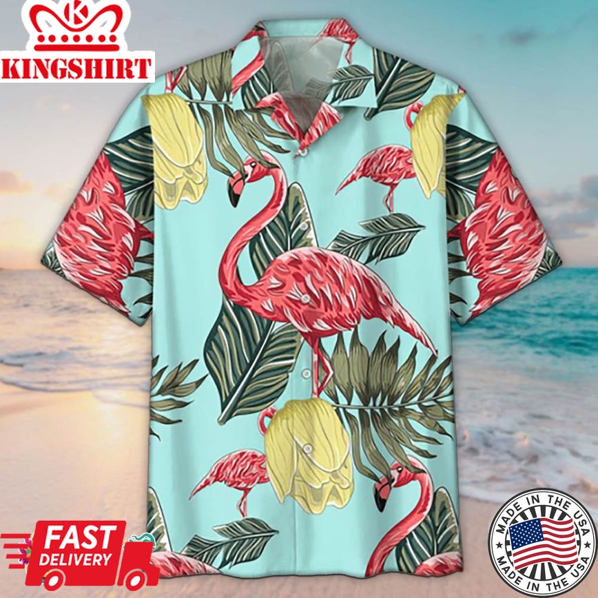 Flamingo Yellow Flower Leaf Tropical Hawaiian Aloha Beach Shirt