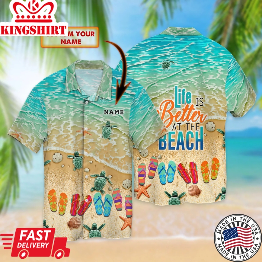 Flip Flop And Beach Hawaii Shirt - Personalized Name 3D Hawaiian