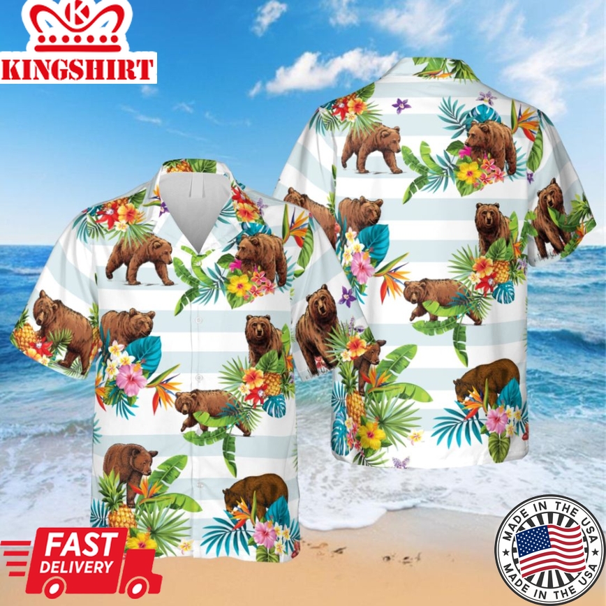 Floral Bear White Trendy Hawaiian Shirt, Vintage Shirt For Men