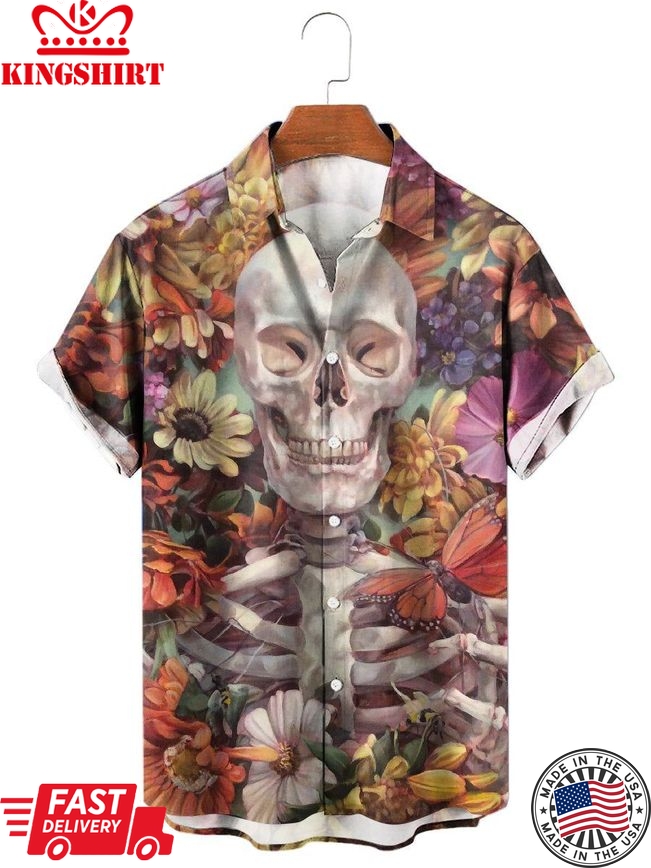 Floral Butterfly Skull Print Short Sleeve Shirt