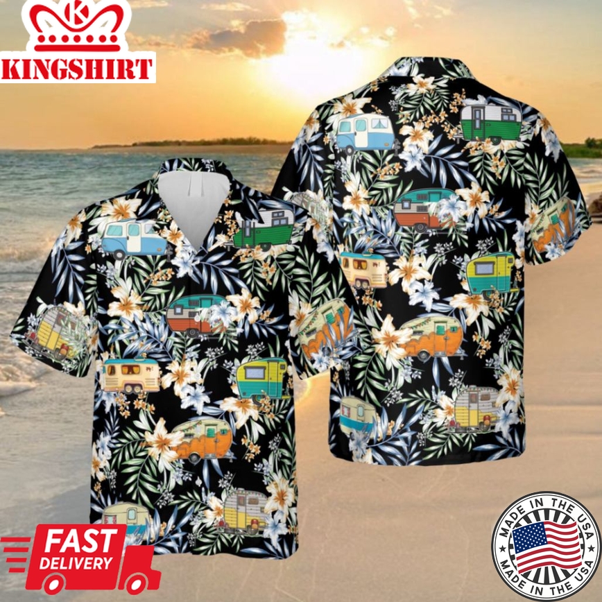 Floral Campers Black Trendy Hawaiian Shirt, Summer Clothing For Him