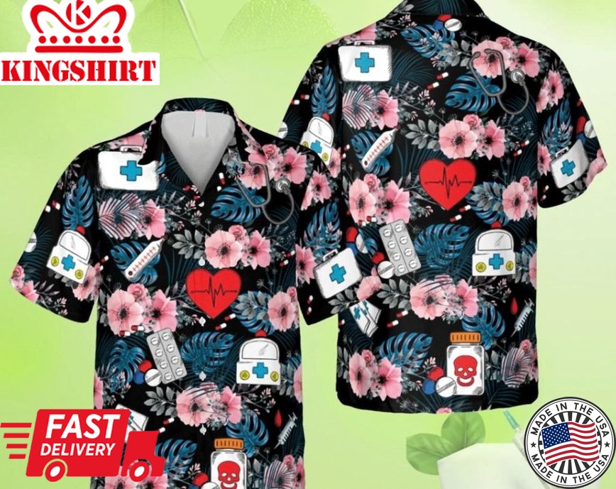 Floral Nurse Black Hawaii Shirt, Summer Shirt For Doctor Men, Group Hawaii Shirt Summer Gifts, Tropical Beach Shirt Button Down Shirt.