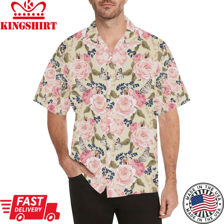 Floral Pink Butterfly Print Trendy Hawaiian Shirt, Unisex Print Aloha Short Sleeve Casual Shirt Summer Gifts