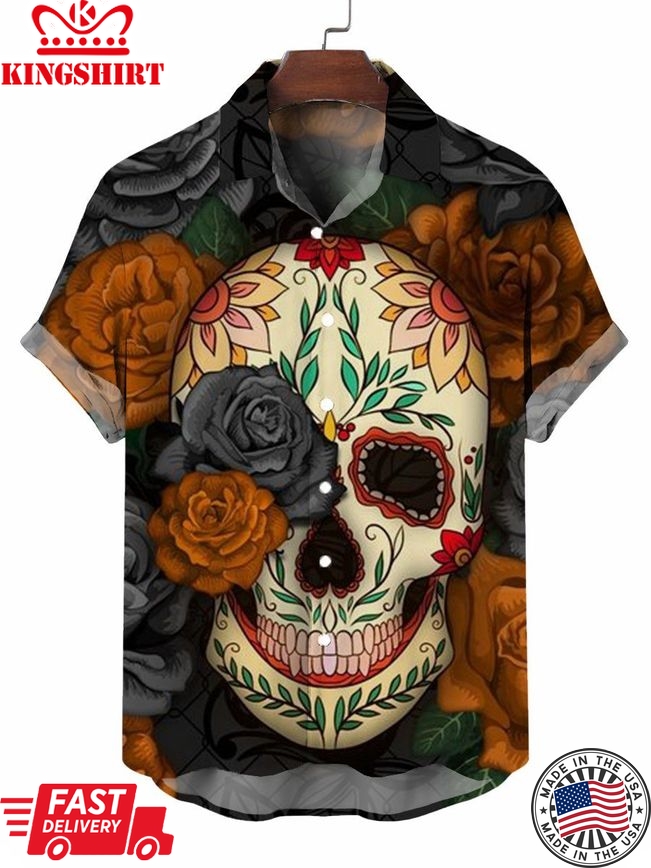 Floral Sugar Skull Print Short Sleeve Button Down Shirt