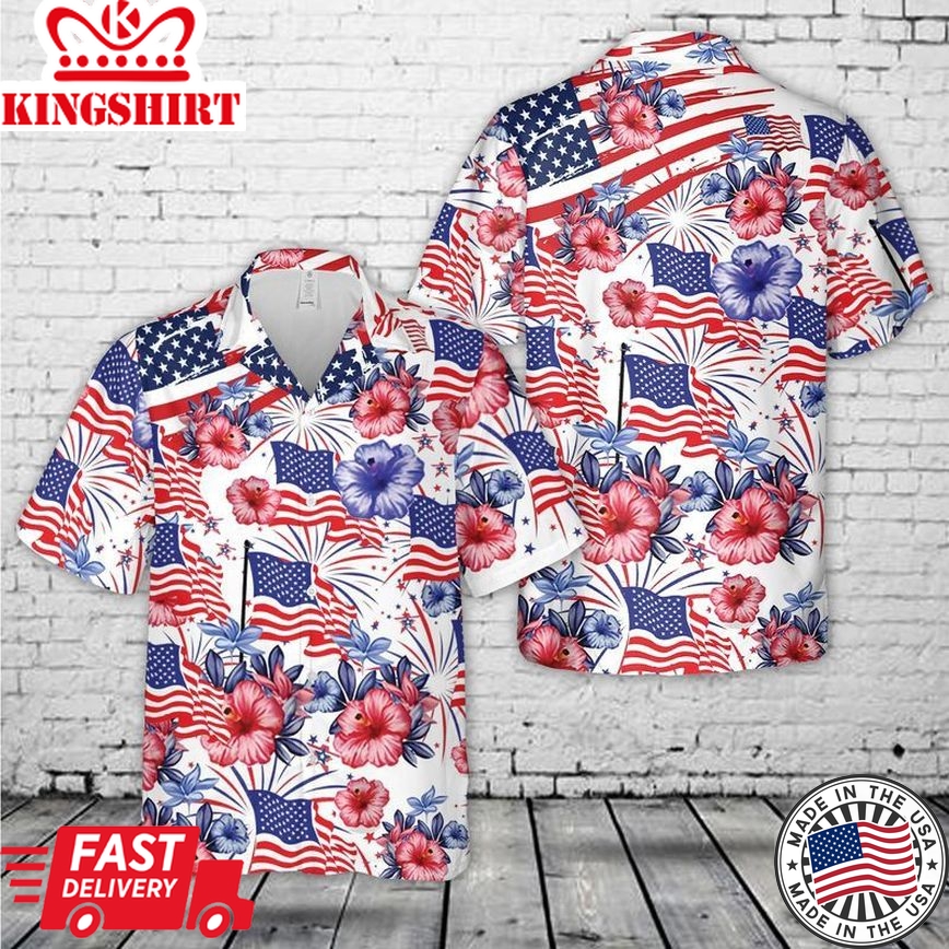 Flower American Flag 4Th Of July Trendy Hawaiian Shirt