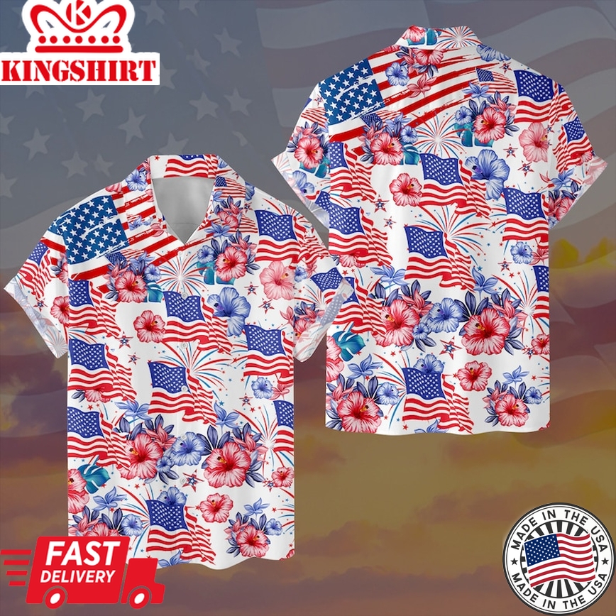 Flower American Flag Trendy Hawaiian Shirts, Patriotic 4Th Of July 1776 Button Up Short Sleeve Men's Hawaiian, Independence Day Shirt