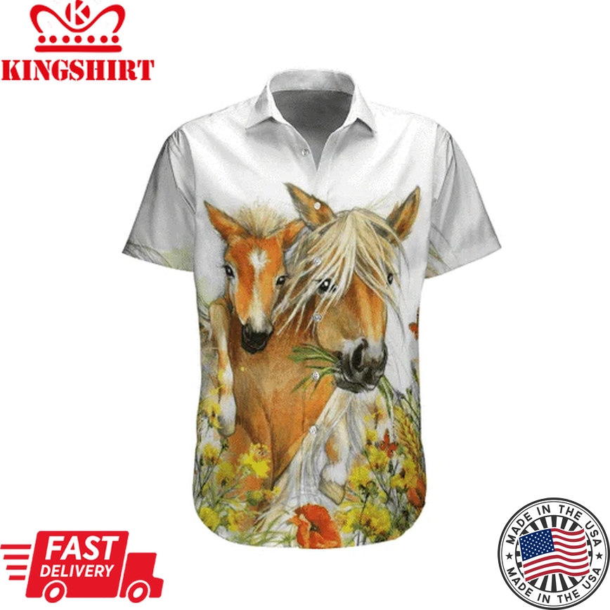 Flower and Horse Watercolor Delight Hawaiian Shirt