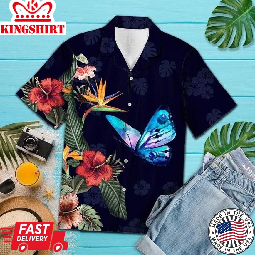 Flower Butterfly Trendy Hawaiian Shirt, Unisex Print Aloha Short Sleeve Casual Shirt Summer Gifts