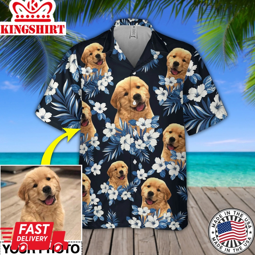 Flowers & Leaves Pattern Trendy Hawaiian Shirt, Custom Photo Dog Floral Aloha Shirt For Men And Women