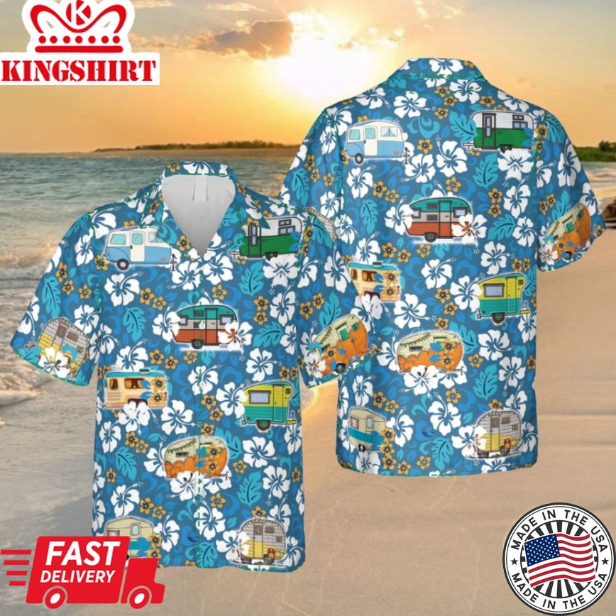 Flowers And Campers Blue Trendy Hawaiian Shirt, Gift For Husband