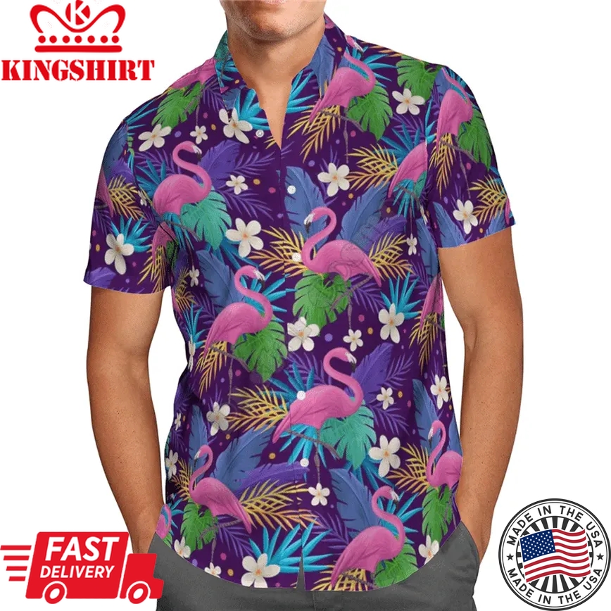 Flowers Flamingo Purple Unique Design Unisex Trendy Hawaiian Shirt, Unisex Print Aloha Short Sleeve Casual Shirt Summer Gifts