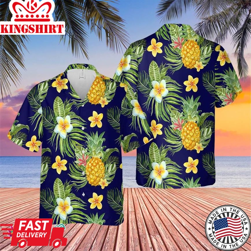 Flowers Fruits Green Palm Leaf Pineapple Trending Hawaiian Shirt, Summer Vacation Hawaiian Shirt