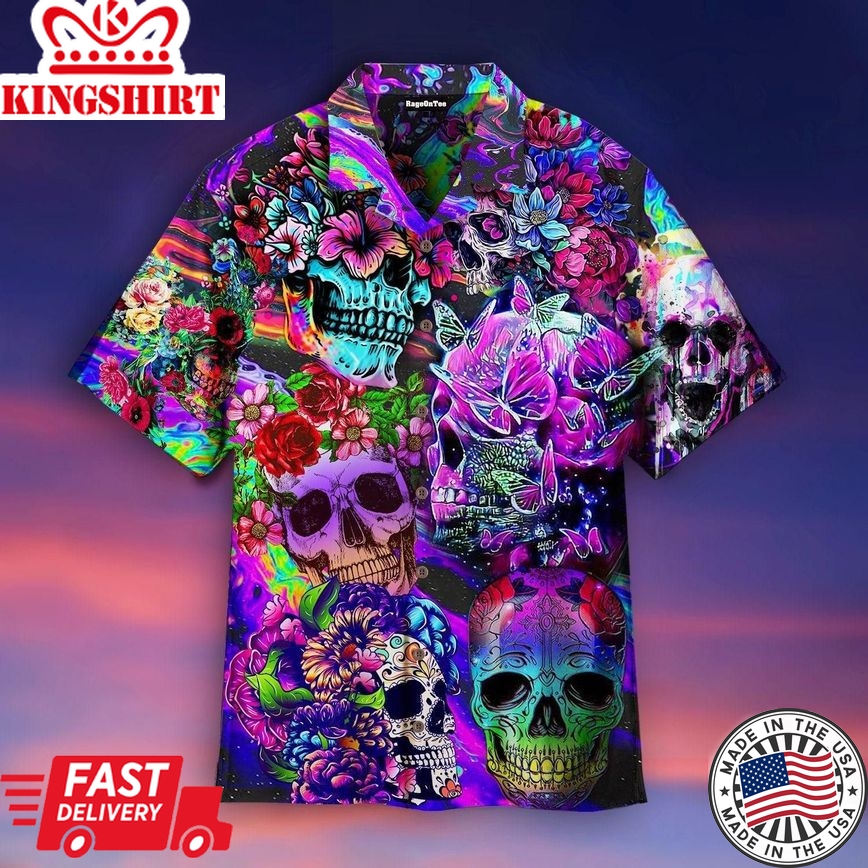 Flowers Hippies Colorful Skull Trendy Hawaiian Shirt