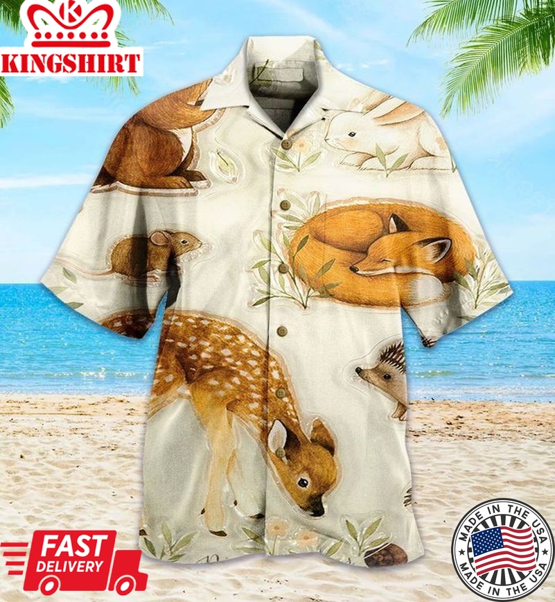 Forest Animals Clear Stamp Set With Fawn And Baby Fox Brown Trendy Hawaiian Shirt 3D, Fox Lover Trendy Hawaiian Shirt For Summer Gifts