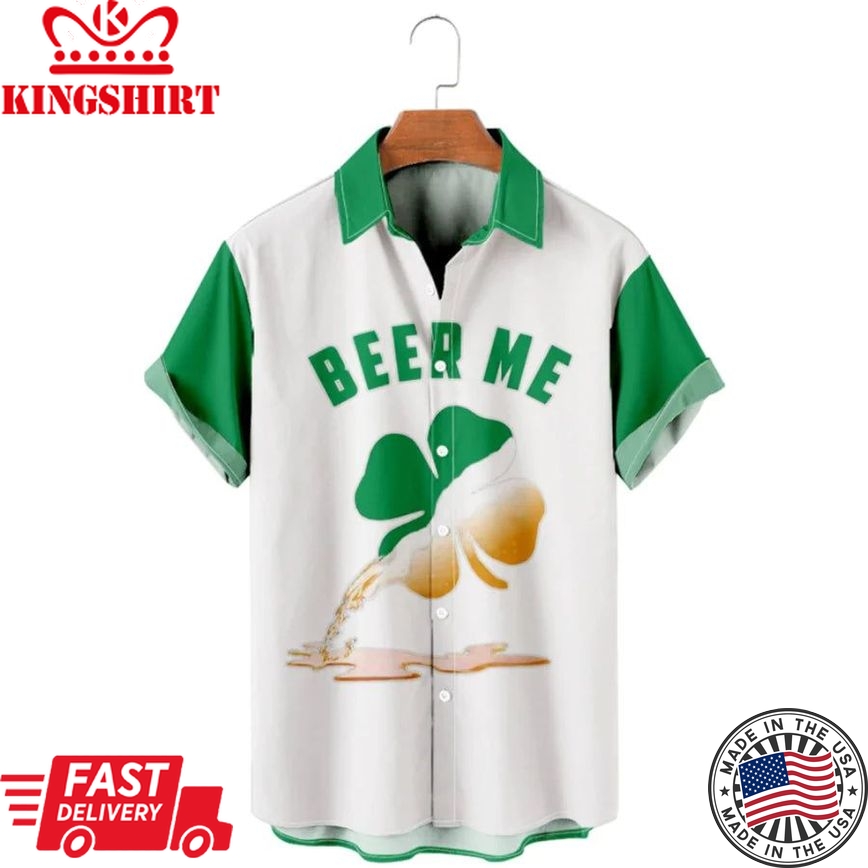 Four Leaf Clover Beer Casual Loose Men's, St. Patrick's Hawaiian Shirt, Irish Hawaiian