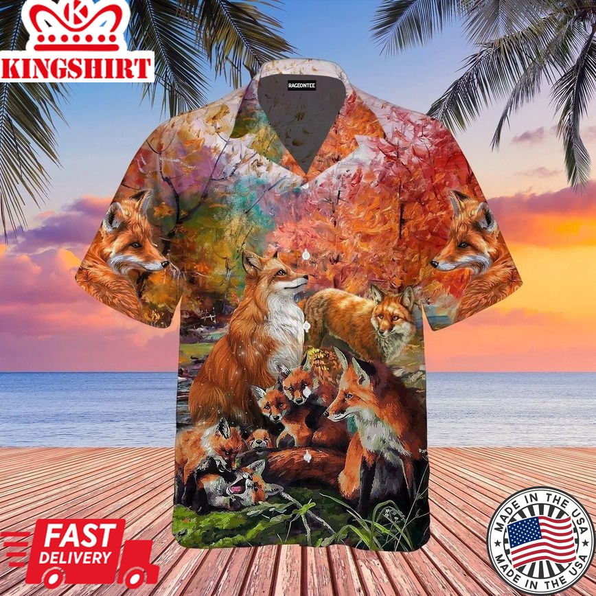 Fox Hunting Under The Autumn Flowers Forest Trendy Hawaiian Shirt For