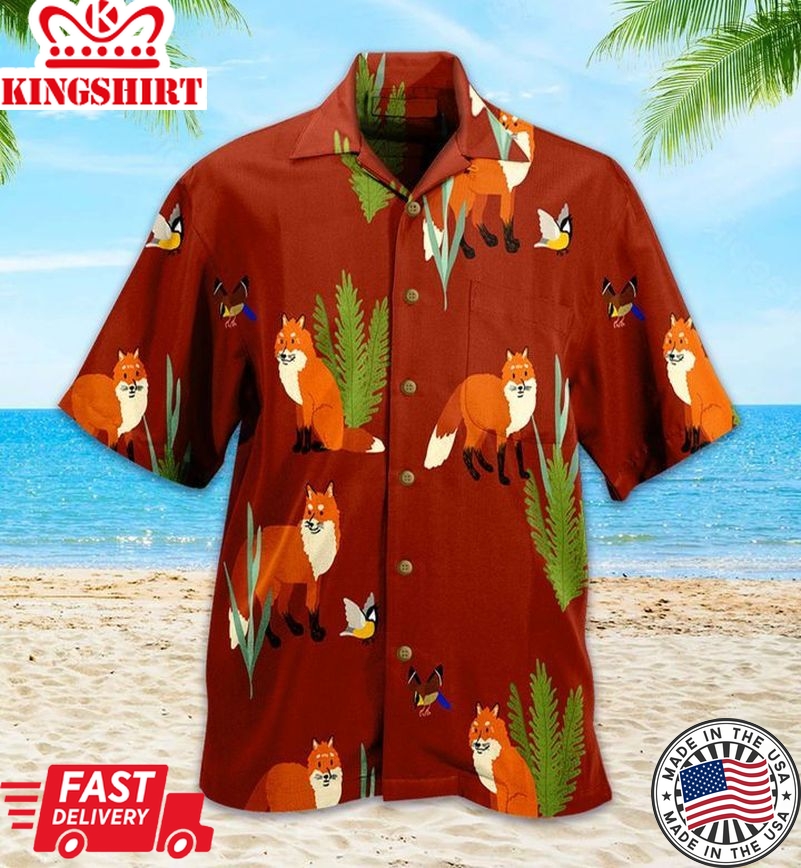 Fox Wood Pattern Red Trendy Hawaiian Shirt 3D, Fox Lover Trendy Hawaiian Shirt For Summer Gifts