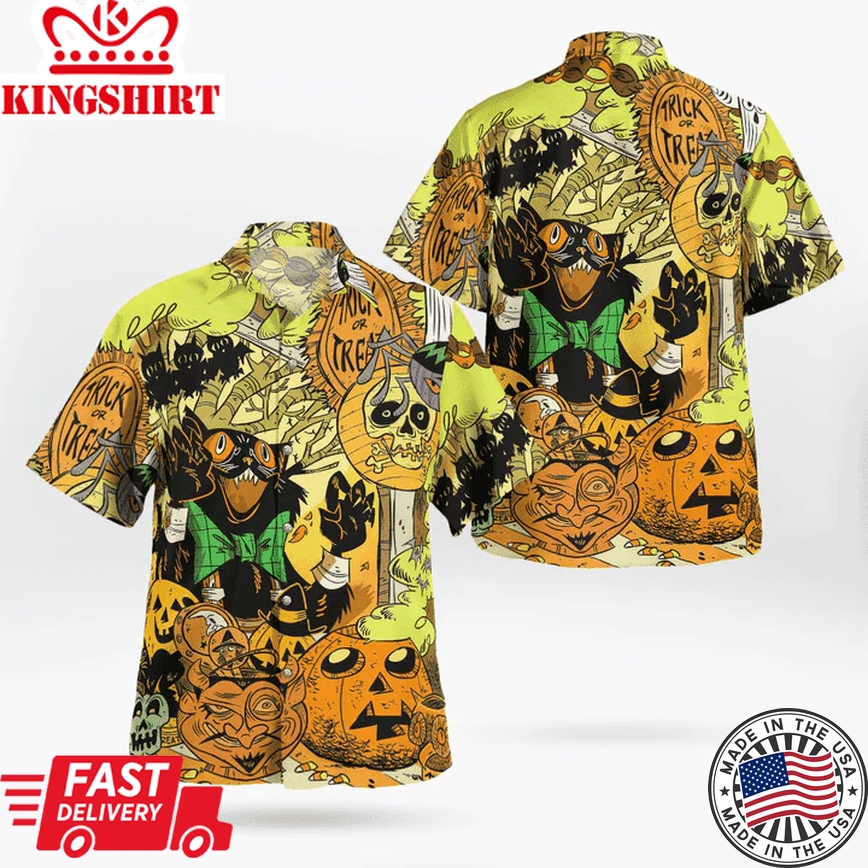 Freaking Room Trick Or Treat Black Cat Pumpkin Spooky Halloween Trendy Hawaiian Shirt, Unisex Print Aloha Short Sleeve Casual Shirt