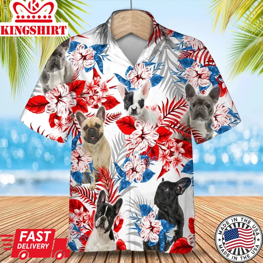 French Bulldog American Flag Trendy Hawaiian Shirt, Summer Aloha Shirt, Men Trendy Hawaiian Shirt, Gift For Summer