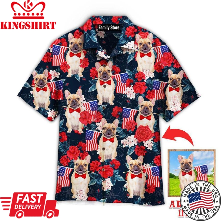 French Bulldog Holding Flag Usa On Red Rose Tropical Custom Hawaiian Shirt