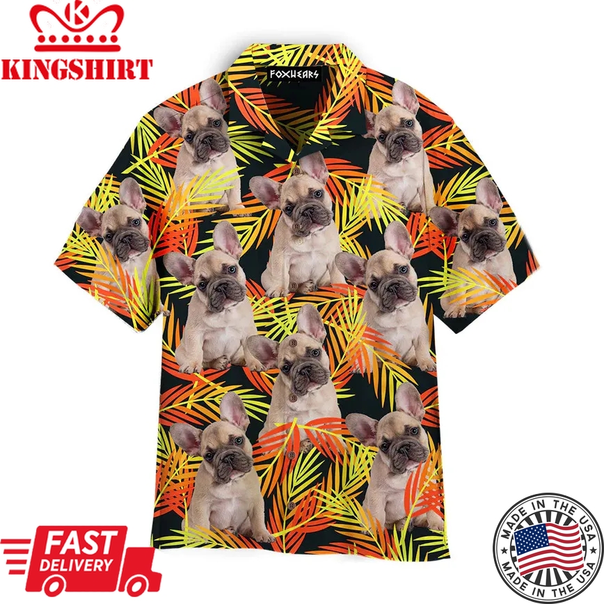 French Bulldog Sitting Up Fern Leaves Seamless Trendy Hawaiian Shirt For Aloha Shirt