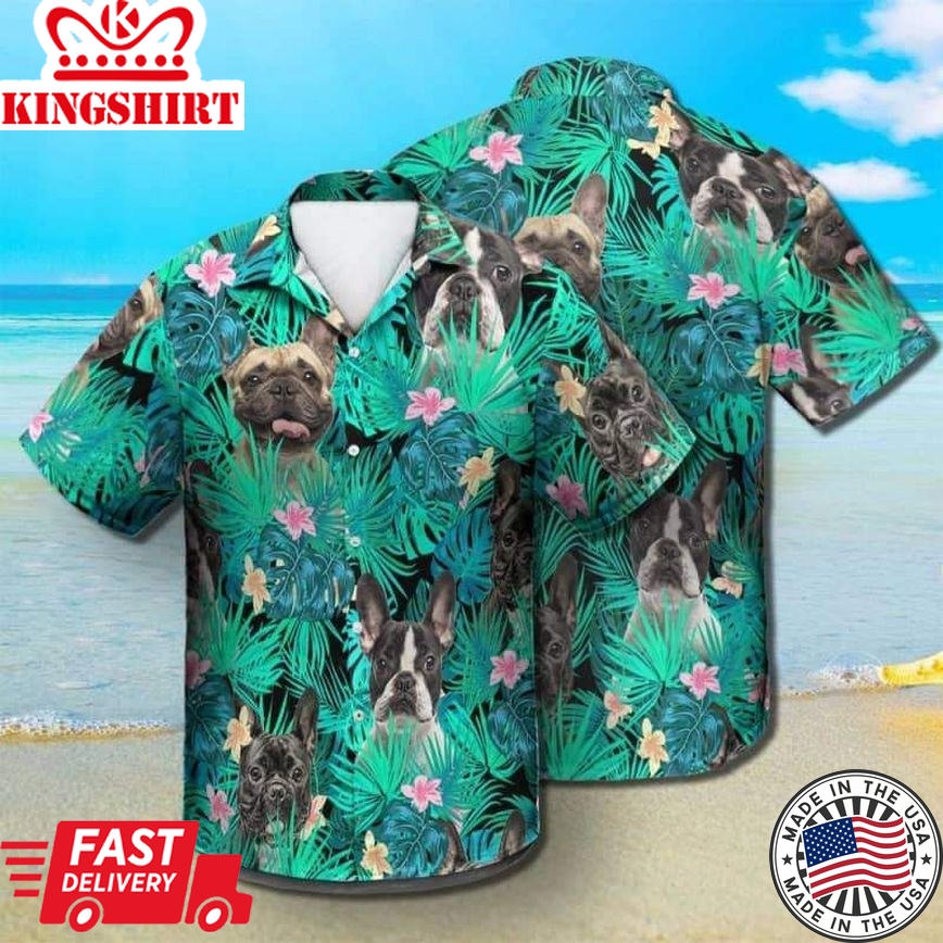 French Bulldog Summer Leaves Trendy Hawaiian Shirt, Bulldog Trendy Hawaiian Shirt, Aloha Shirt For Dog Lover Summer Gifts