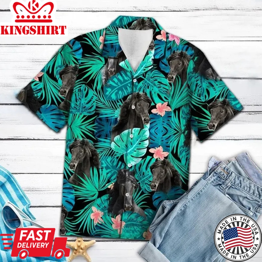 Friesian Horse Green Monstera Leaves Trendy Hawaiian Shirt For Men, Women, Gift For Dog Lovers