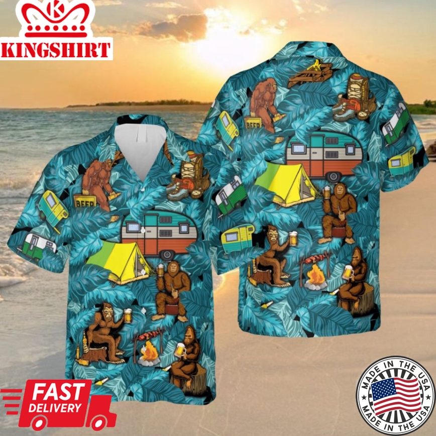 Funny Bigfoot Drinking Beer Camping Trendy Hawaiian Shirt, 3D Hawaii Shirt