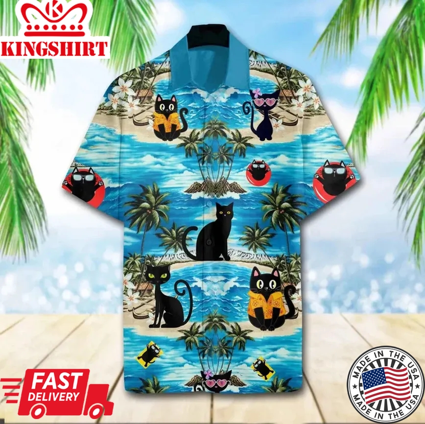 Funny Black Cat Chilling On The Beach Trendy Hawaiian Shirt