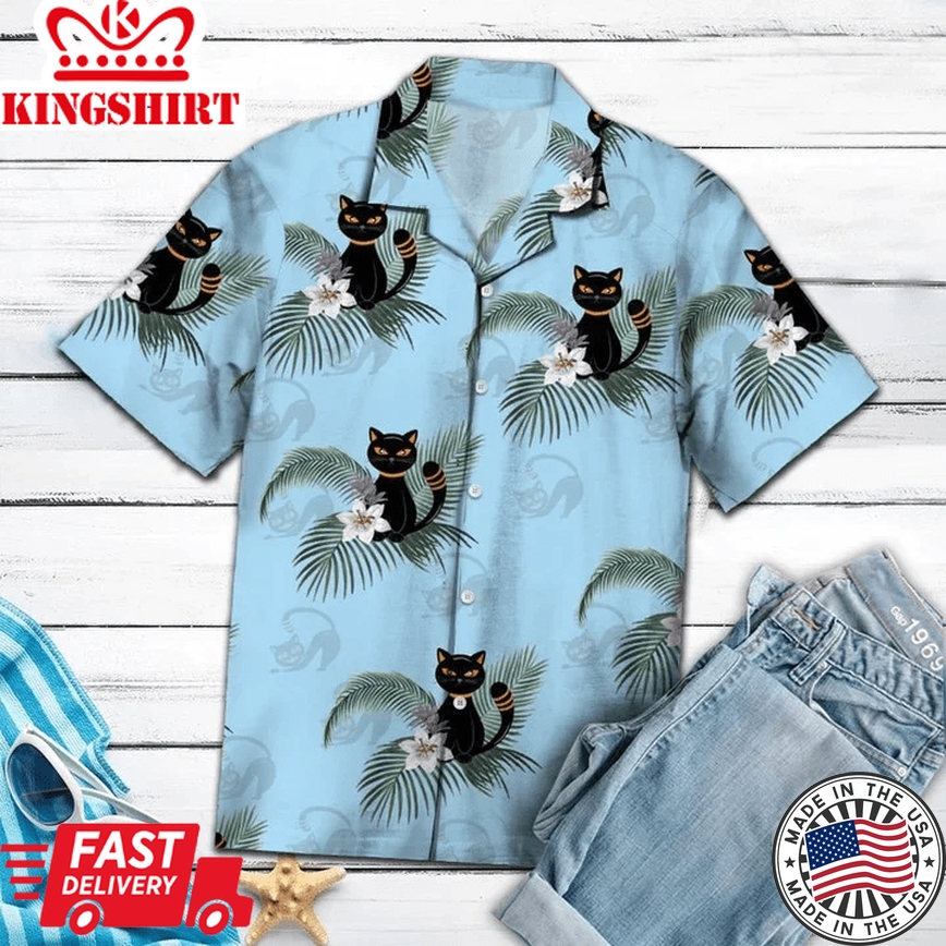 Funny Black Cat Tropical Plants On Blue Hawaiian Shirt