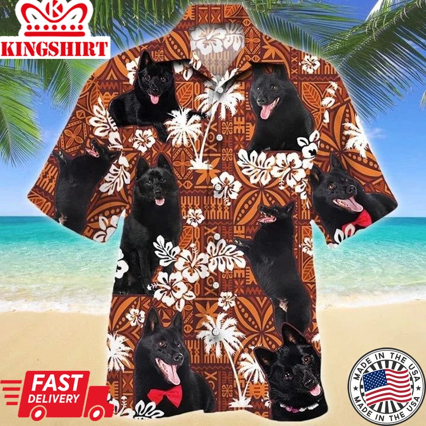 Funny Black Schipperke Dog On Red Tribal Pattern Hawaiian Shirt