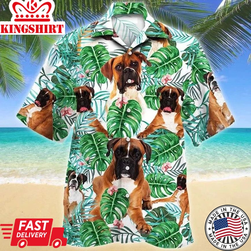 Funny Boxer Dog Tropical Plant Summer Beach Palm Tree Pattern Hawaiian Shirt