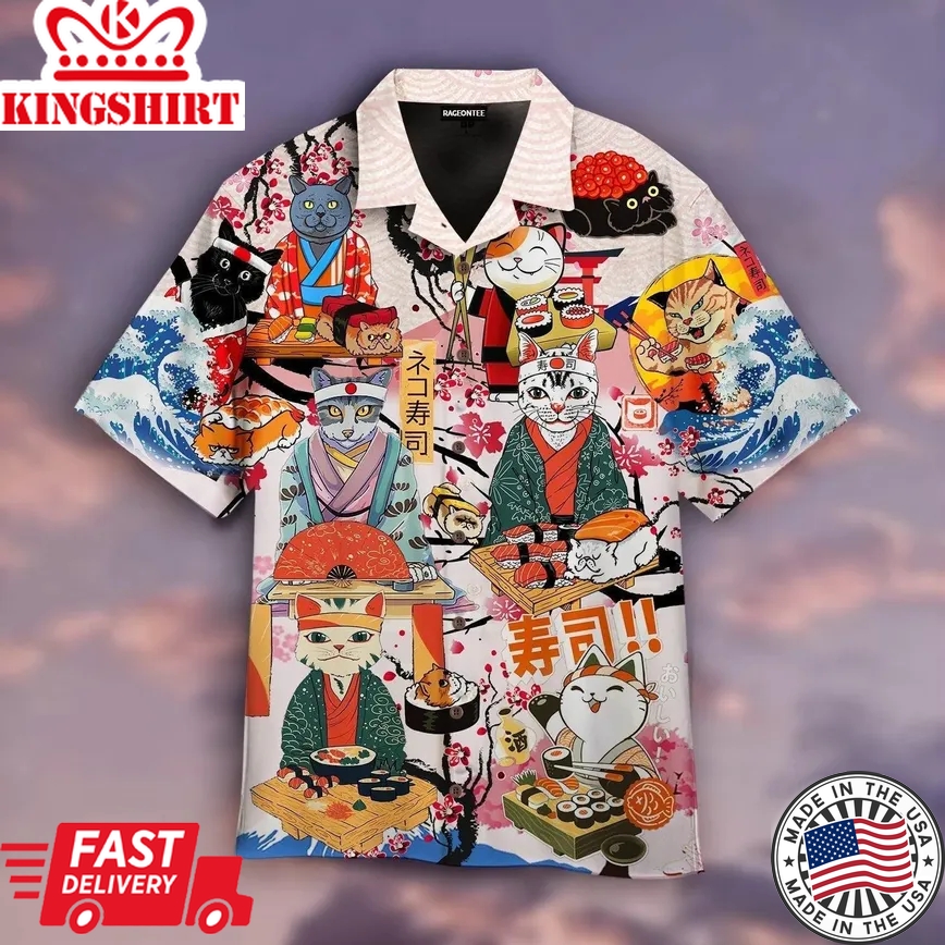 Funny Cat Eat Sushi Japanese Trendy Hawaiian Shirt For