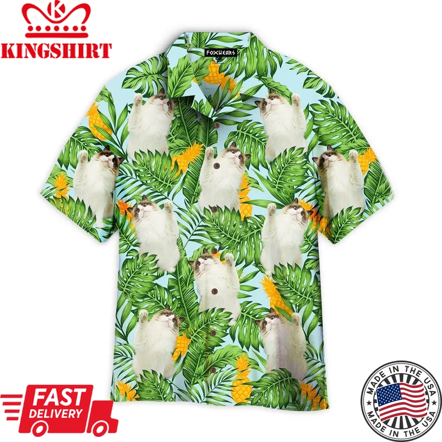 Funny Cat Raising Paw Pineapple Tropical Trendy Hawaiian Shirt For Aloha Shirt