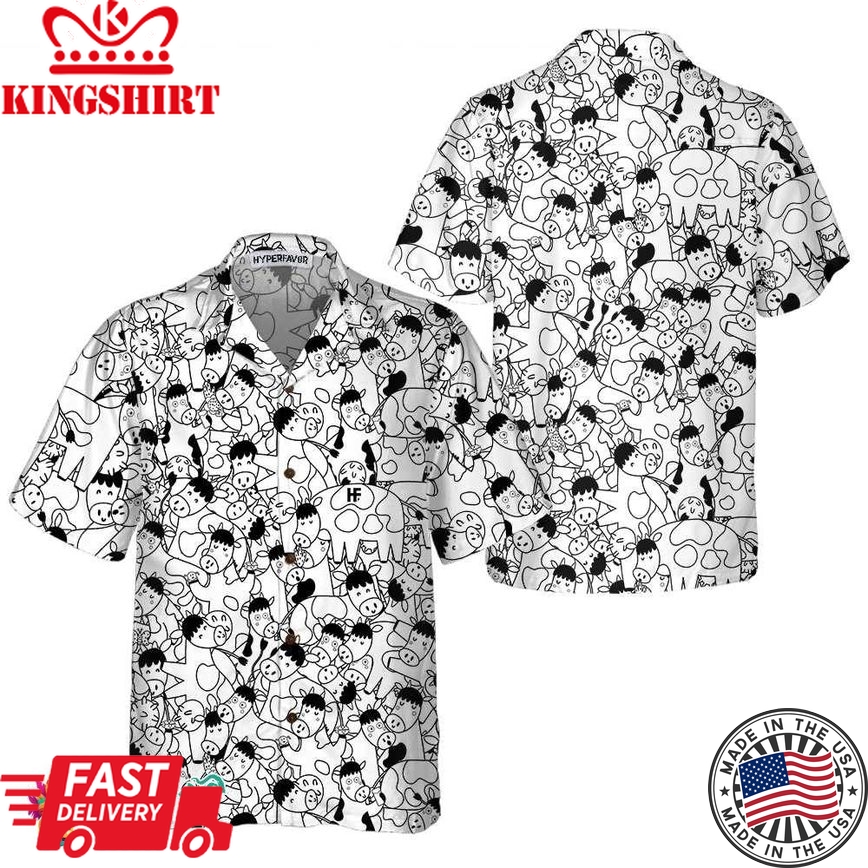 Funny Cow Doodle Pattern Hawaiian Shirt, Cow Shirt For Men & Women, Funny Cow Print Shirt